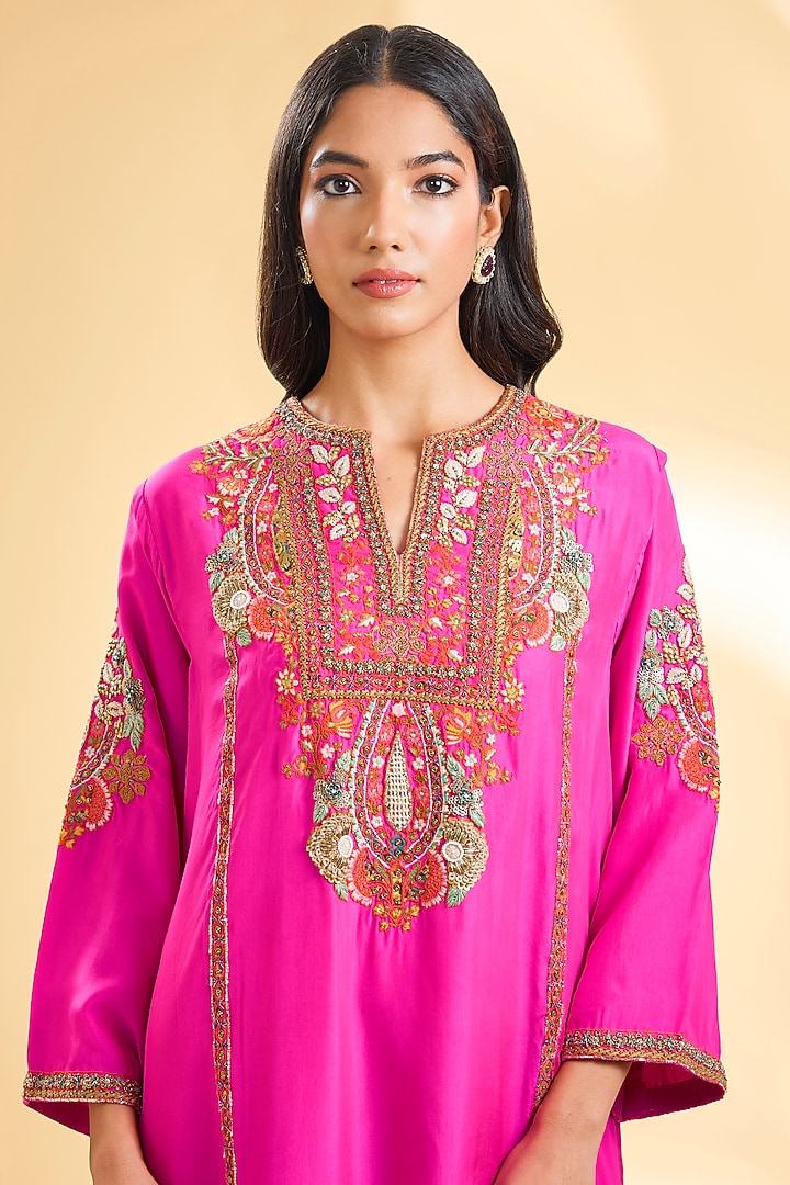 Rani Pink Silk Hand & Machine Embroidered Choga Kurta Set by Debyani at Pernia's Pop Up Shop