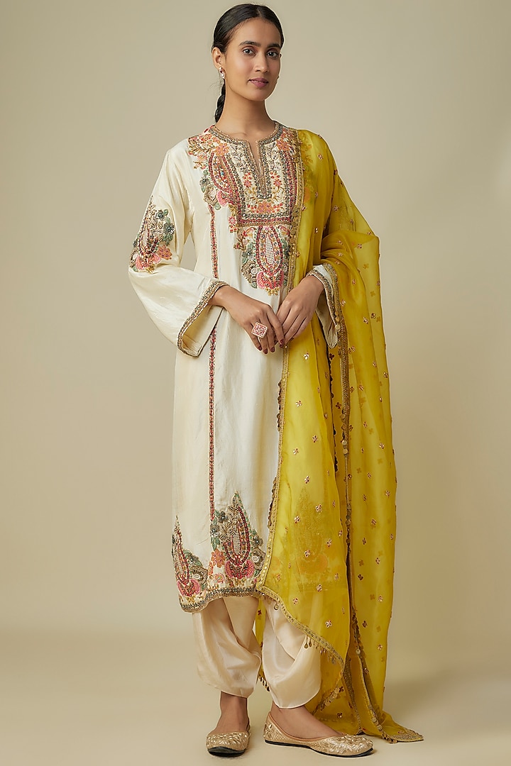 Ivory Silk Hand & Machine Embroidered Choga Kurta Set by Debyani at Pernia's Pop Up Shop