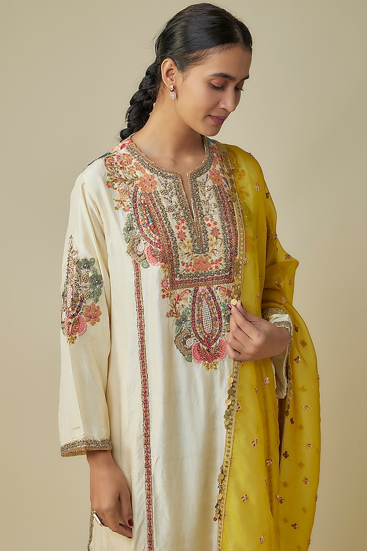 Ivory Silk Hand & Machine Embroidered Choga Kurta Set by Debyani at Pernia's Pop Up Shop
