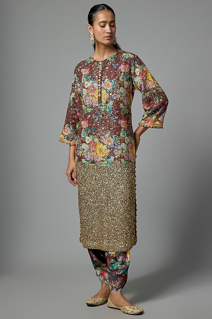 Brown Silk Floral Printed Kurta Set by Debyani at Pernia's Pop Up Shop