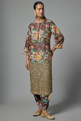 Brown Silk Floral Printed Kurta Set by Debyani