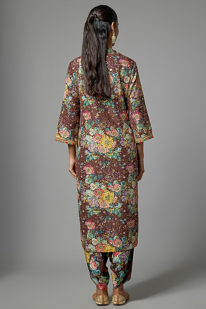Brown Silk Floral Printed Kurta Set by Debyani at Pernia's Pop Up Shop