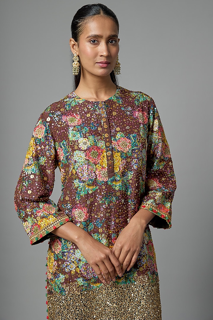 Brown Silk Floral Printed Kurta Set by Debyani at Pernia's Pop Up Shop