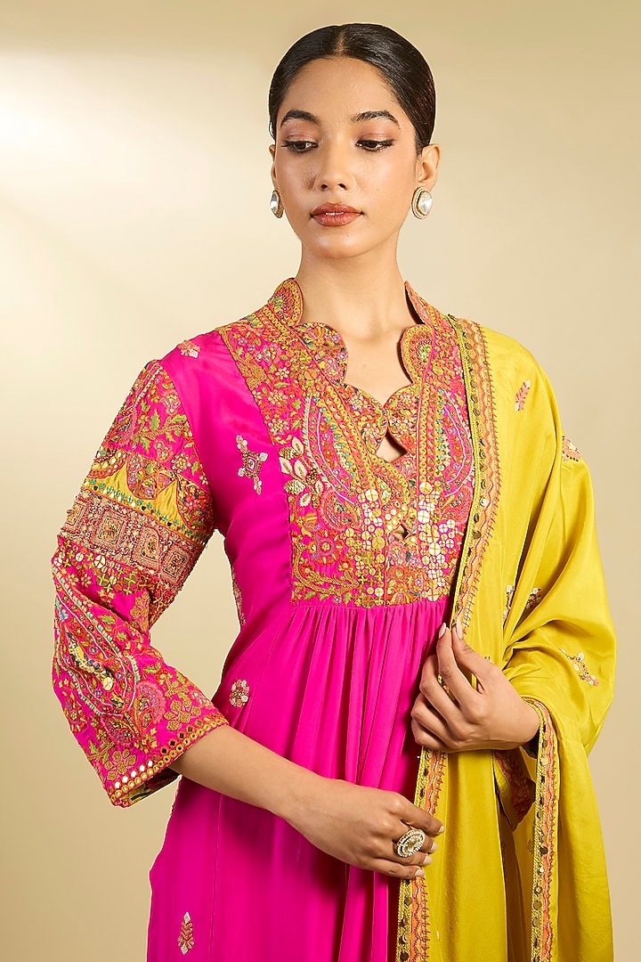 Fuchsia Pink Silk Hand & Machine Embroidered Kurta Set by Debyani at Pernia's Pop Up Shop