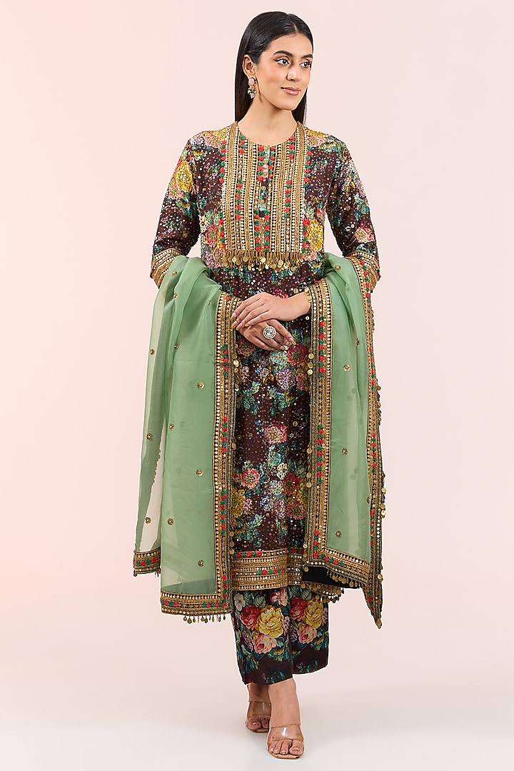 Brown Silk Embroidered & Floral Printed Kurta Set by Debyani at Pernia's Pop Up Shop