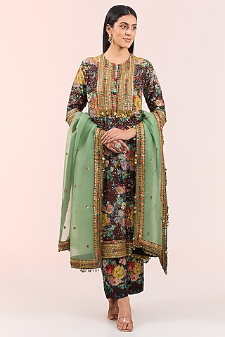 Brown Silk Embroidered & Floral Printed Kurta Set by Debyani