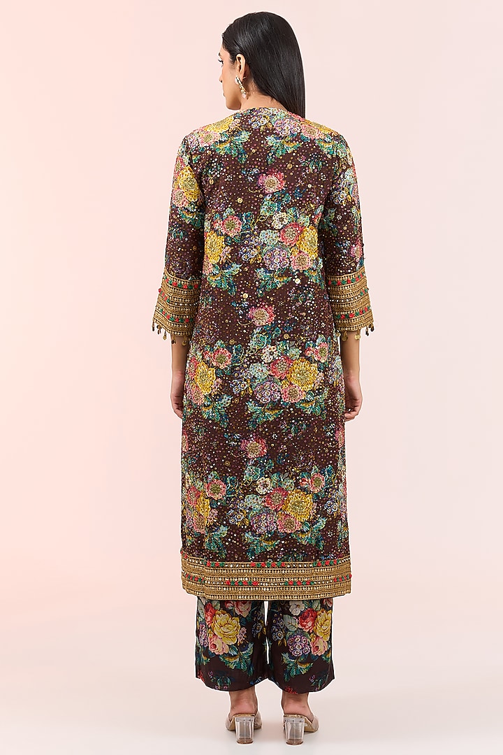 Brown Silk Embroidered & Floral Printed Kurta Set by Debyani at Pernia's Pop Up Shop