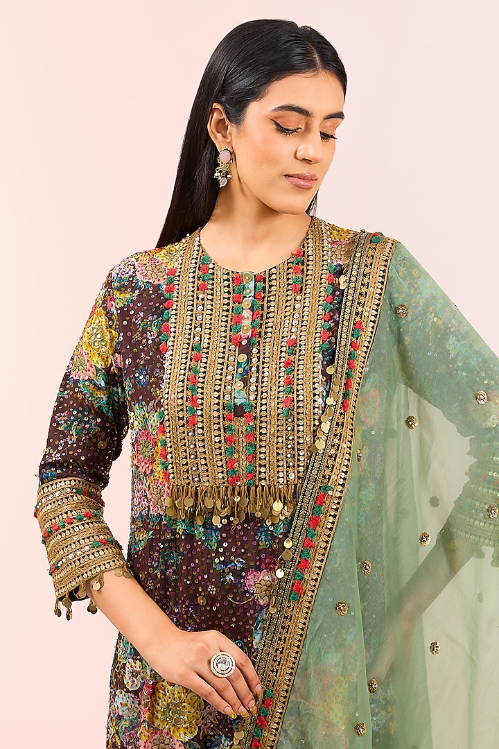 Brown Silk Embroidered & Floral Printed Kurta Set by Debyani at Pernia's Pop Up Shop