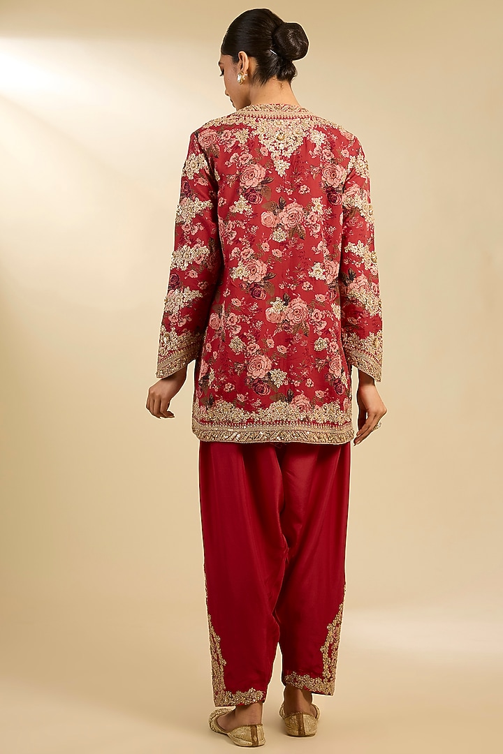 Red Silk Hand & Machine Embroidered Kurta Set by Debyani at Pernia's Pop Up Shop