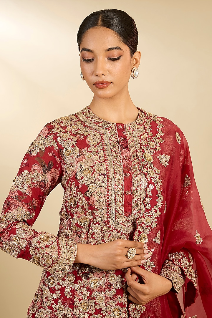 Red Silk Hand & Machine Embroidered Kurta Set by Debyani at Pernia's Pop Up Shop