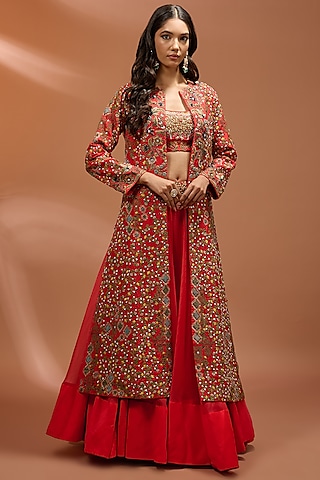 Red Silk Hand & Machine Embroidered Long Jacket Set by Debyani