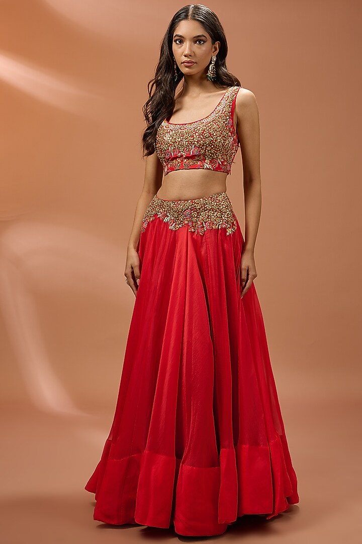 Red Silk Hand & Machine Embroidered Long Jacket Set by Debyani at Pernia's Pop Up Shop