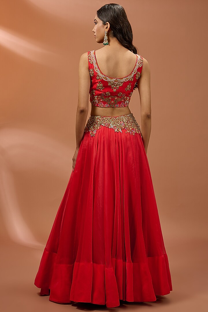 Red Silk Hand & Machine Embroidered Long Jacket Set by Debyani at Pernia's Pop Up Shop