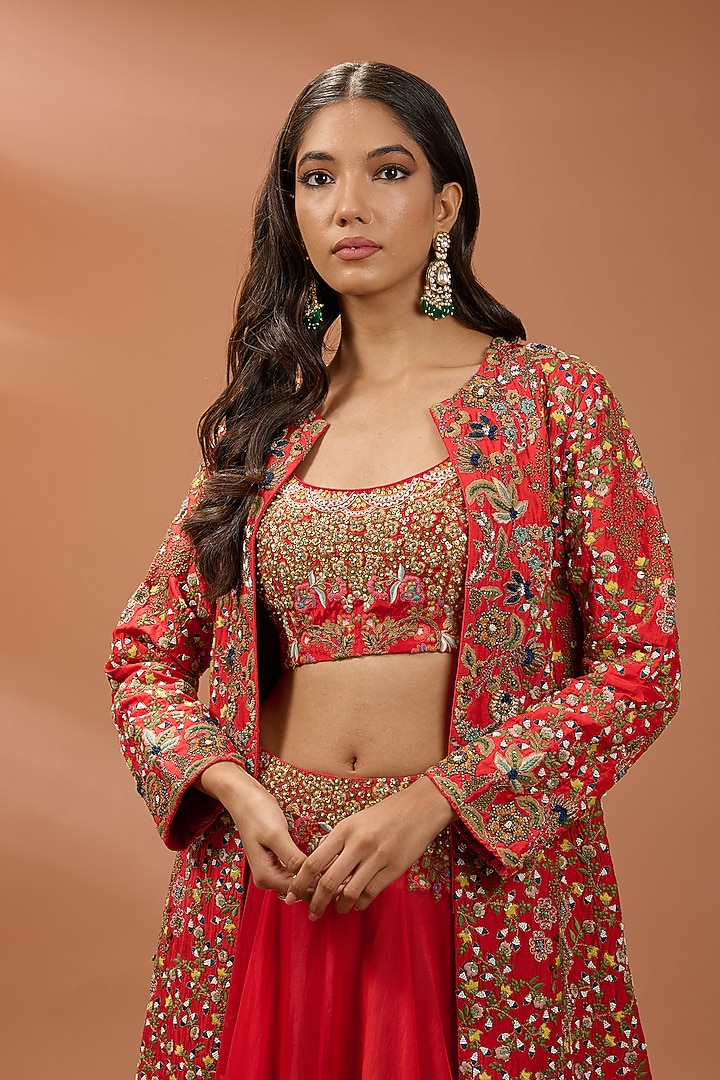 Red Silk Hand & Machine Embroidered Long Jacket Set by Debyani at Pernia's Pop Up Shop