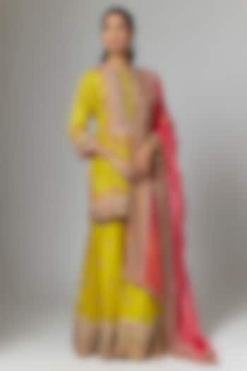 Mustard Silk Hand & Machine Embroidered Bridal Sharara Set by Debyani at Pernia's Pop Up Shop