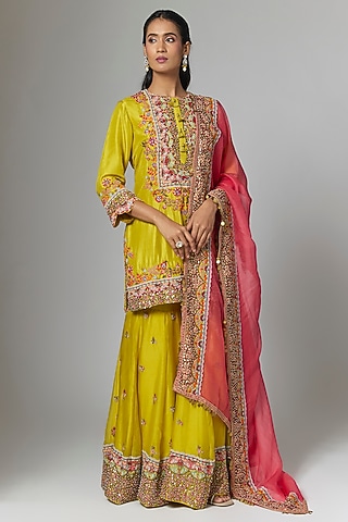 Mustard Silk Hand & Machine Embroidered Sharara Set by Debyani