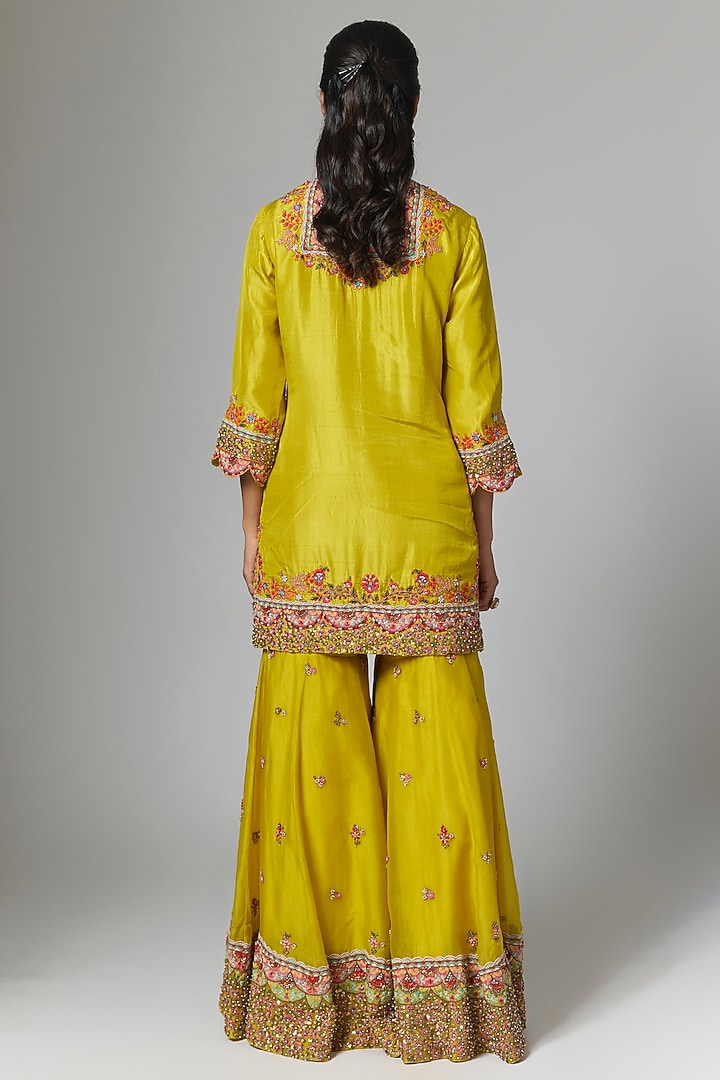 Mustard Silk Hand & Machine Embroidered Bridal Sharara Set by Debyani at Pernia's Pop Up Shop