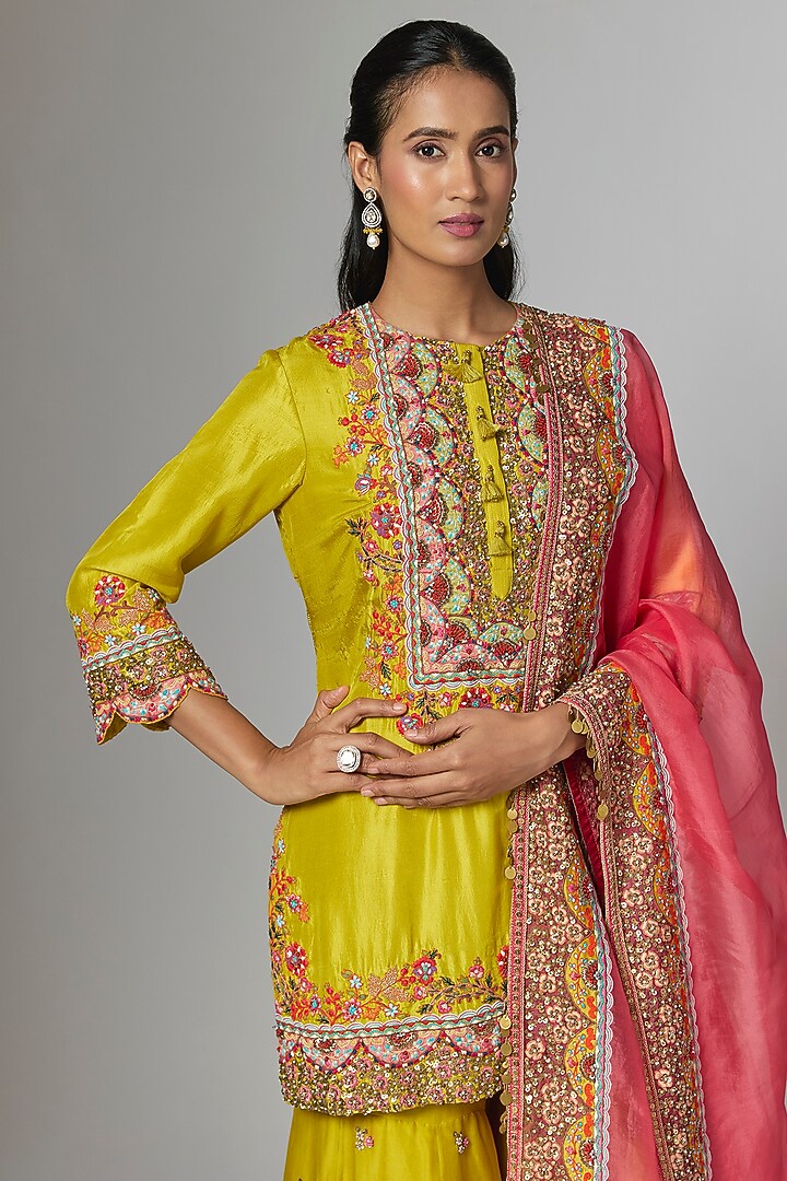 Mustard Silk Hand & Machine Embroidered Bridal Sharara Set by Debyani at Pernia's Pop Up Shop
