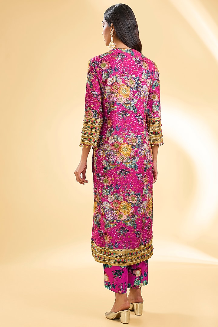 Magenta Pink Silk Hand & Machine Embroidered Kurta Set by Debyani at Pernia's Pop Up Shop
