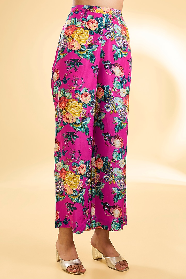 Magenta Pink Silk Hand & Machine Embroidered Kurta Set by Debyani at Pernia's Pop Up Shop