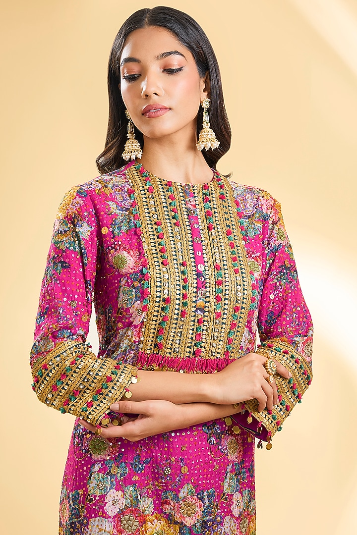 Magenta Pink Silk Hand & Machine Embroidered Kurta Set by Debyani at Pernia's Pop Up Shop