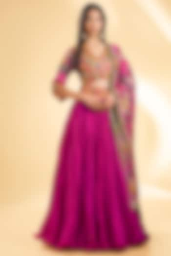 Magenta Pink Silk Crushed Bridal Lehenga Set by Debyani at Pernia's Pop Up Shop