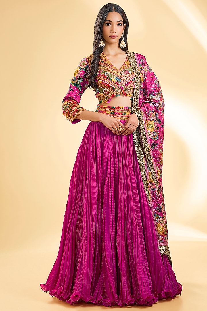 Magenta Pink Silk Crushed Bridal Lehenga Set by Debyani at Pernia's Pop Up Shop