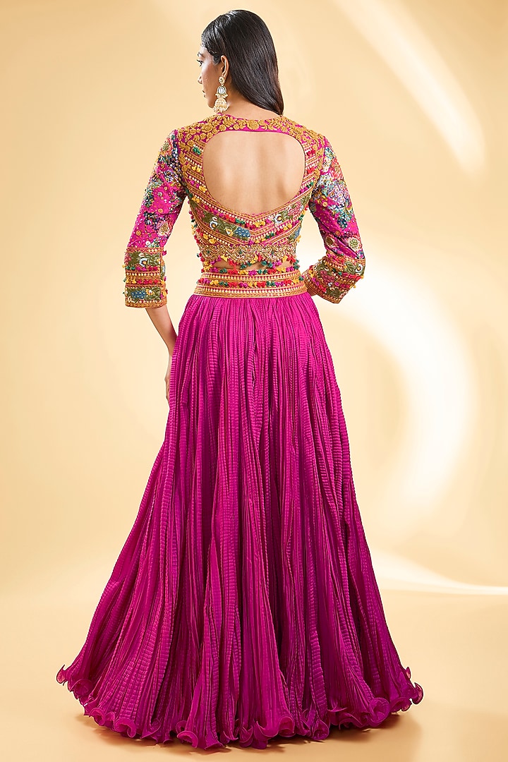 Magenta Pink Silk Crushed Bridal Lehenga Set by Debyani at Pernia's Pop Up Shop