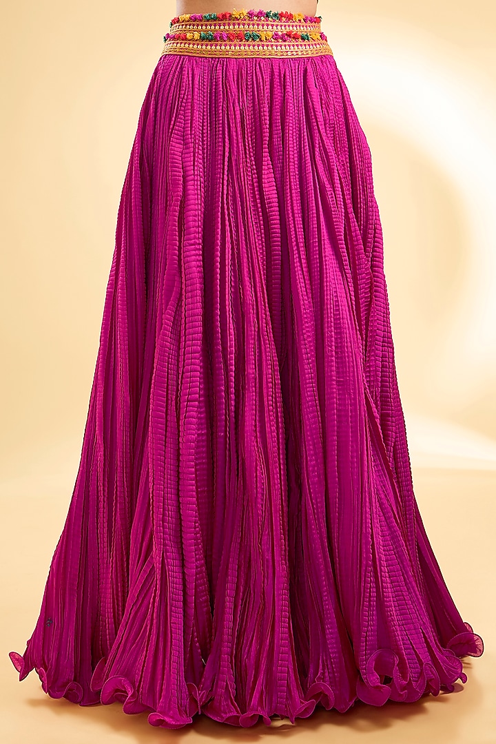 Magenta Pink Silk Crushed Bridal Lehenga Set by Debyani at Pernia's Pop Up Shop