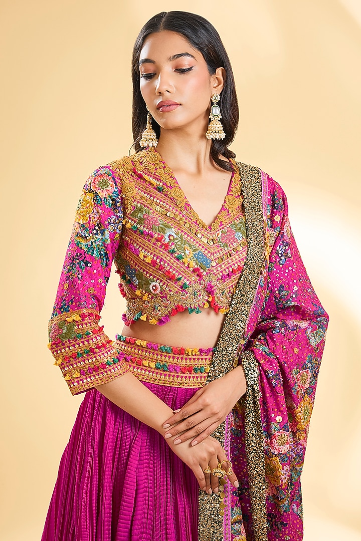 Magenta Pink Silk Crushed Bridal Lehenga Set by Debyani at Pernia's Pop Up Shop