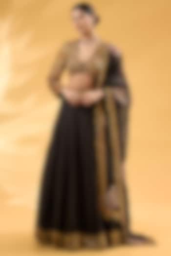 Black Silk Organza Hand & Machine Embroidered Bridal Lehenga Set by Debyani at Pernia's Pop Up Shop
