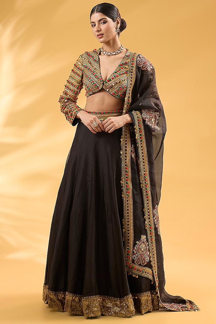 Black Silk Organza Hand & Machine Embroidered Bridal Lehenga Set by Debyani at Pernia's Pop Up Shop