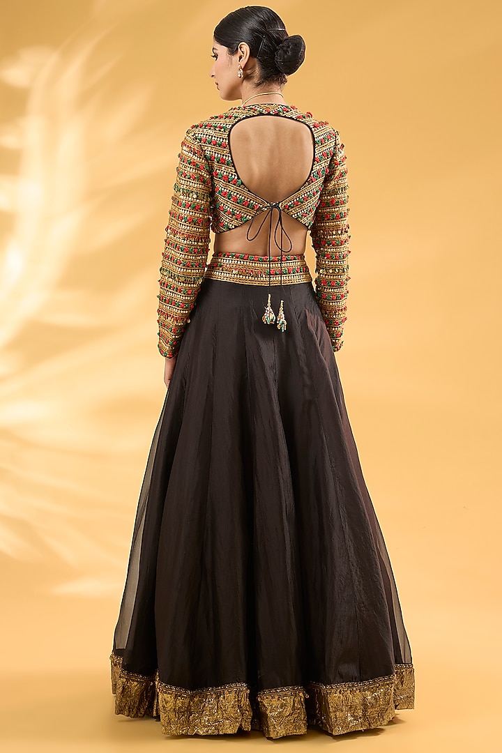 Black Silk Organza Hand & Machine Embroidered Bridal Lehenga Set by Debyani at Pernia's Pop Up Shop