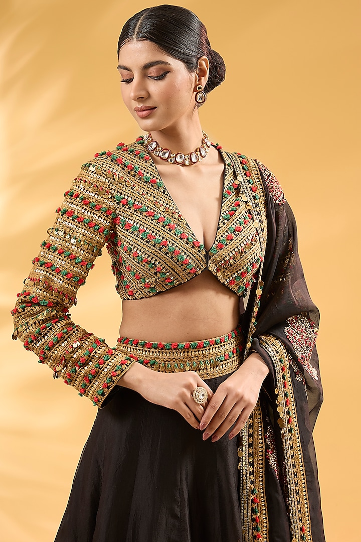Black Silk Organza Hand & Machine Embroidered Bridal Lehenga Set by Debyani at Pernia's Pop Up Shop