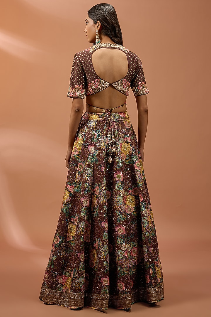 Brown Silk Hand & Machine Embroidered Bridal Lehenga Set by Debyani at Pernia's Pop Up Shop