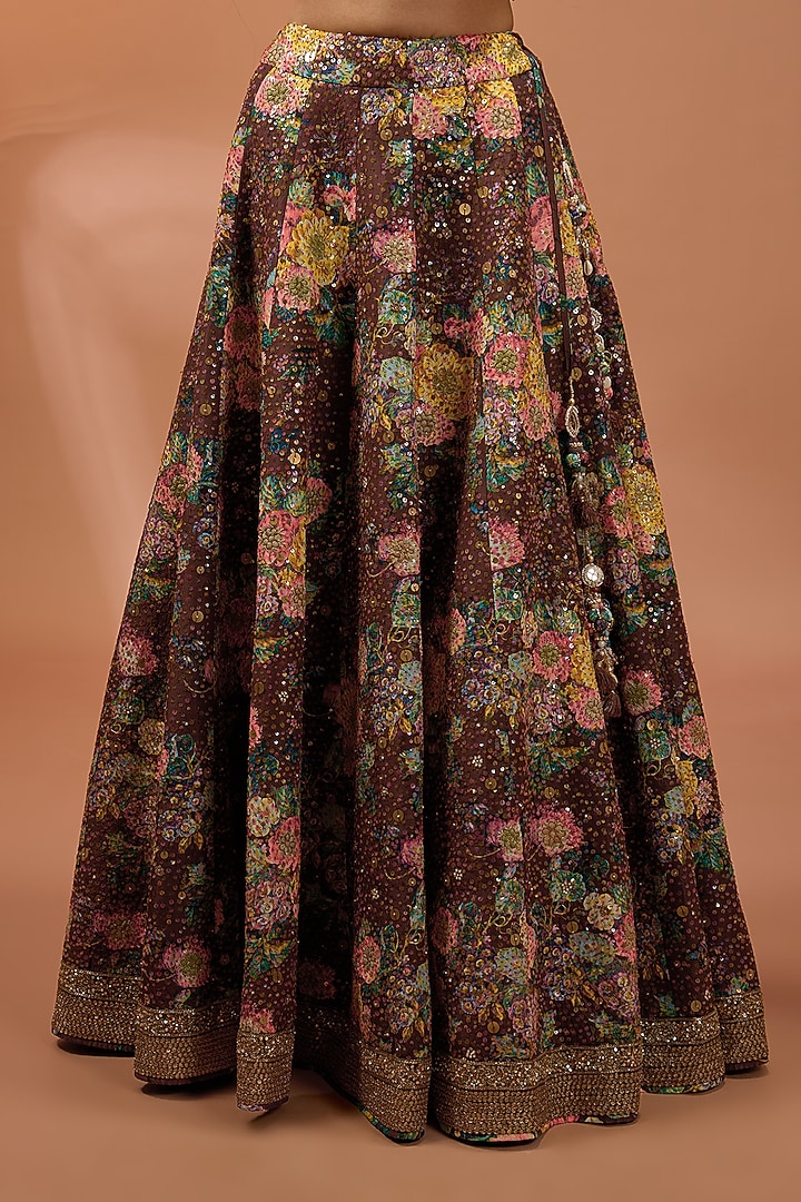 Brown Silk Hand & Machine Embroidered Bridal Lehenga Set by Debyani at Pernia's Pop Up Shop