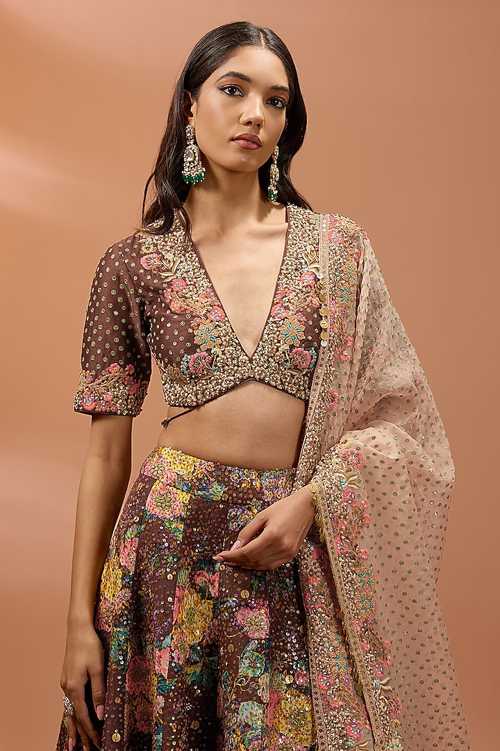 Brown Silk Hand & Machine Embroidered Bridal Lehenga Set by Debyani at Pernia's Pop Up Shop