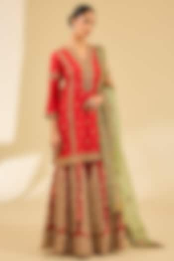 Red Silk Hand & Machine Embroidered Sharara Set by Debyani at Pernia's Pop Up Shop