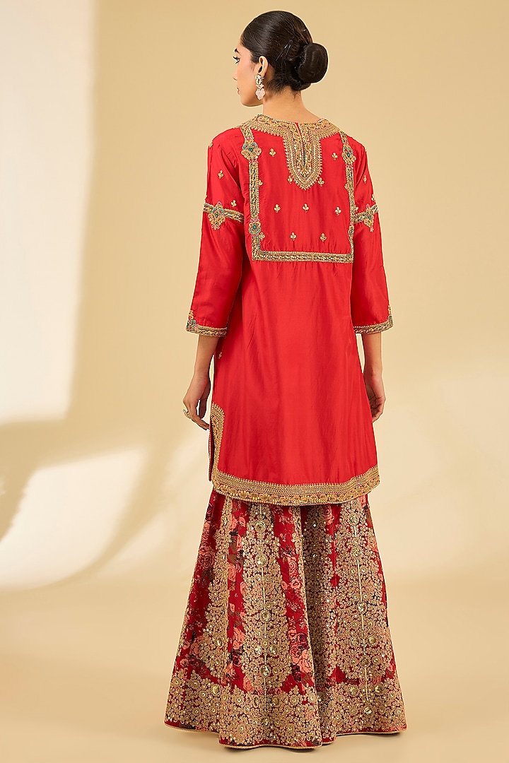 Red Silk Hand & Machine Embroidered Bridal Sharara Set by Debyani at Pernia's Pop Up Shop