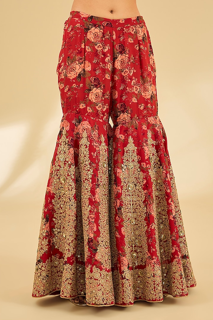 Red Silk Hand & Machine Embroidered Bridal Sharara Set by Debyani at Pernia's Pop Up Shop