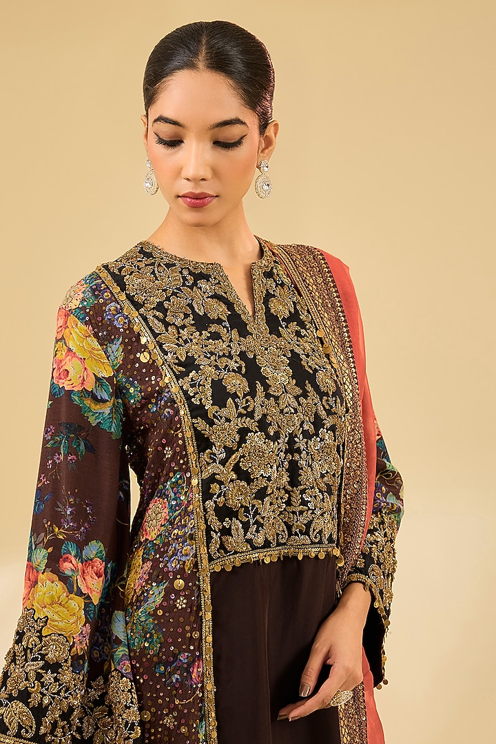 Brown Silk Hand & Machine Embroidered Choga Kurta Set by Debyani at Pernia's Pop Up Shop