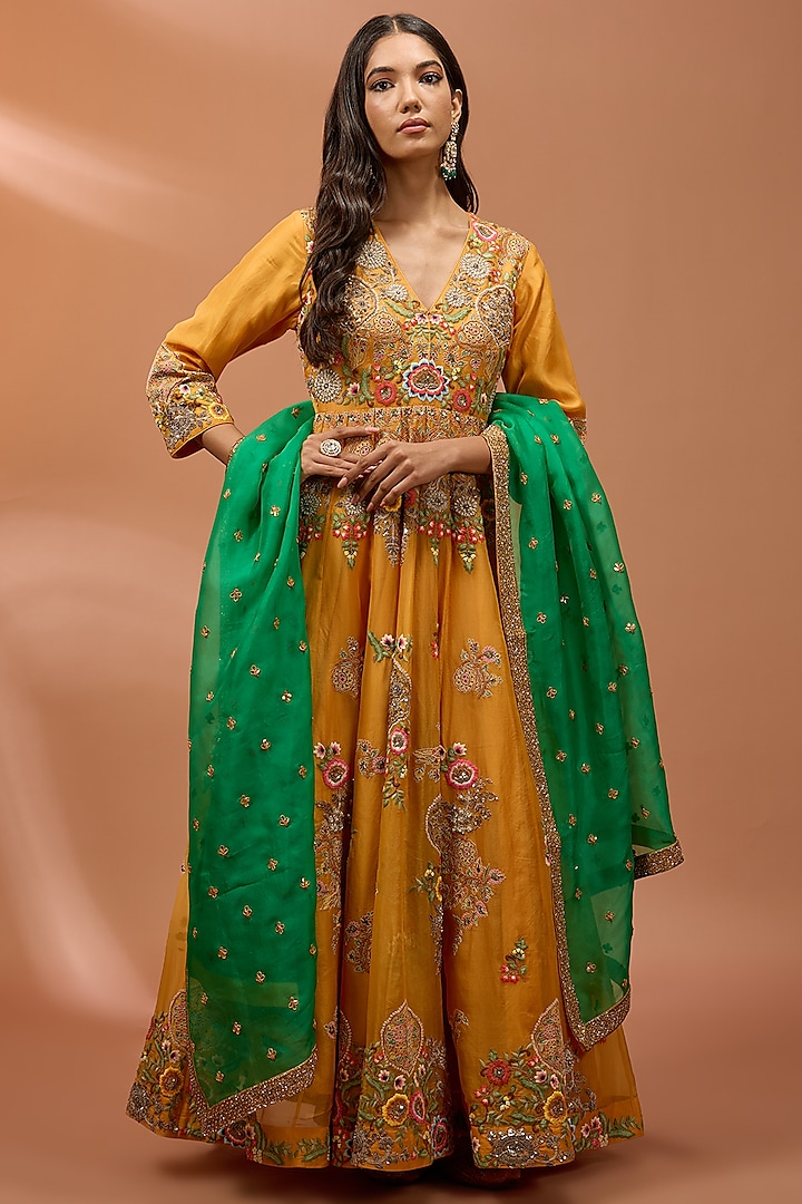 Yellow Silk Hand & Machine Embroidered Kalidar Kurta Set by Debyani at Pernia's Pop Up Shop