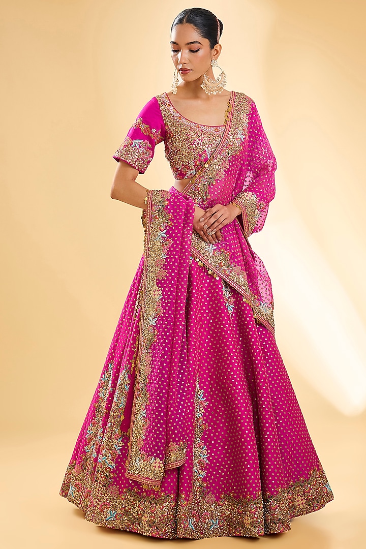 Fuchsia Pink Silk Hand & Machine Embroidered Bridal Lehenga Set by Debyani at Pernia's Pop Up Shop