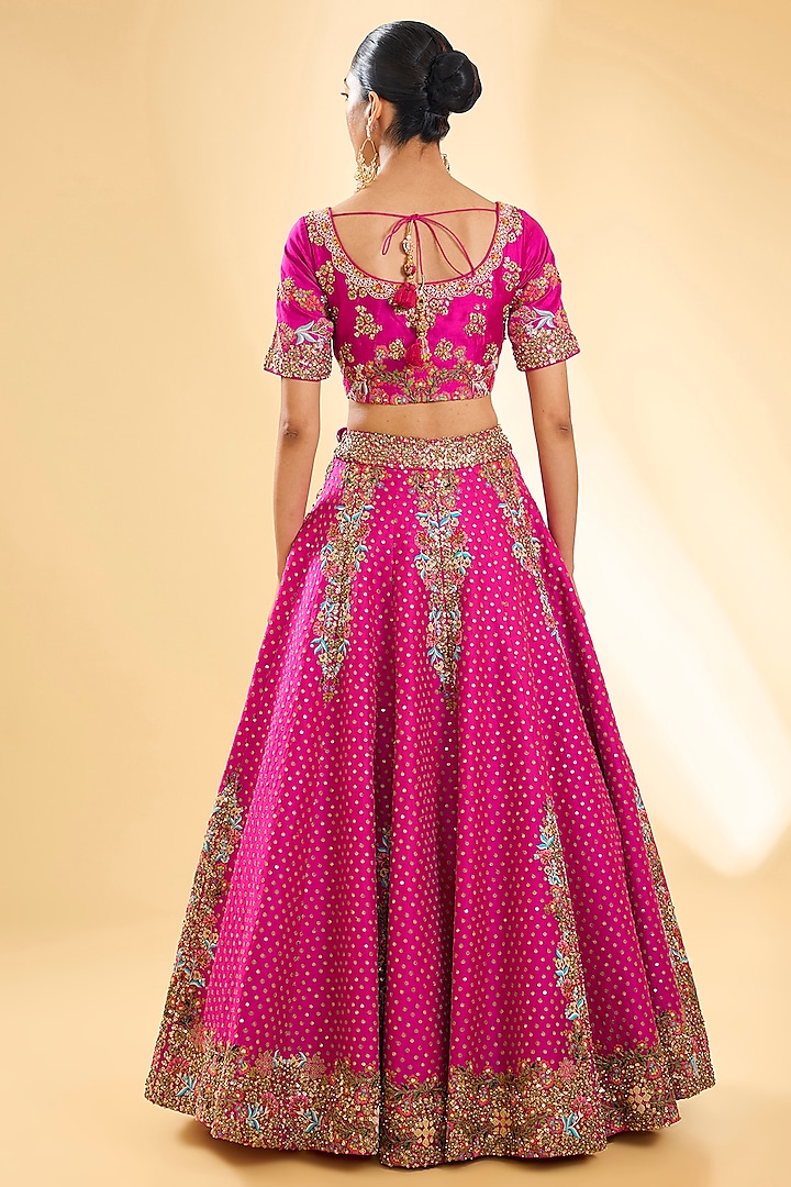 Fuchsia Pink Silk Hand & Machine Embroidered Bridal Lehenga Set by Debyani at Pernia's Pop Up Shop