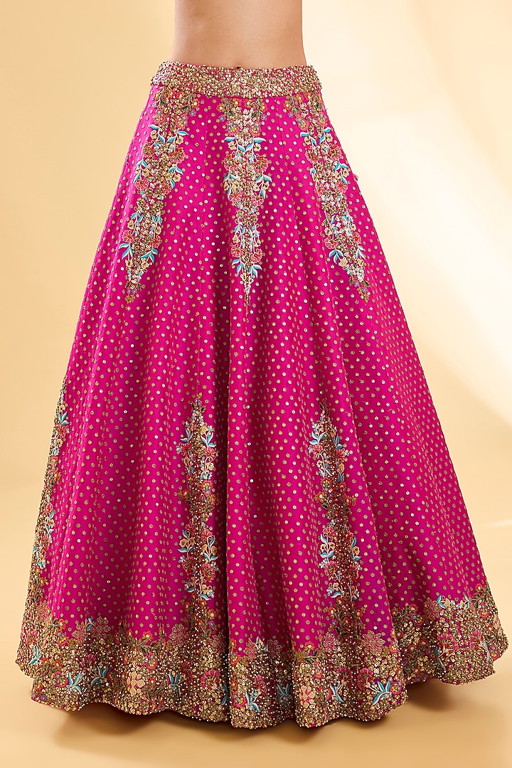 Fuchsia Pink Silk Hand & Machine Embroidered Bridal Lehenga Set by Debyani at Pernia's Pop Up Shop