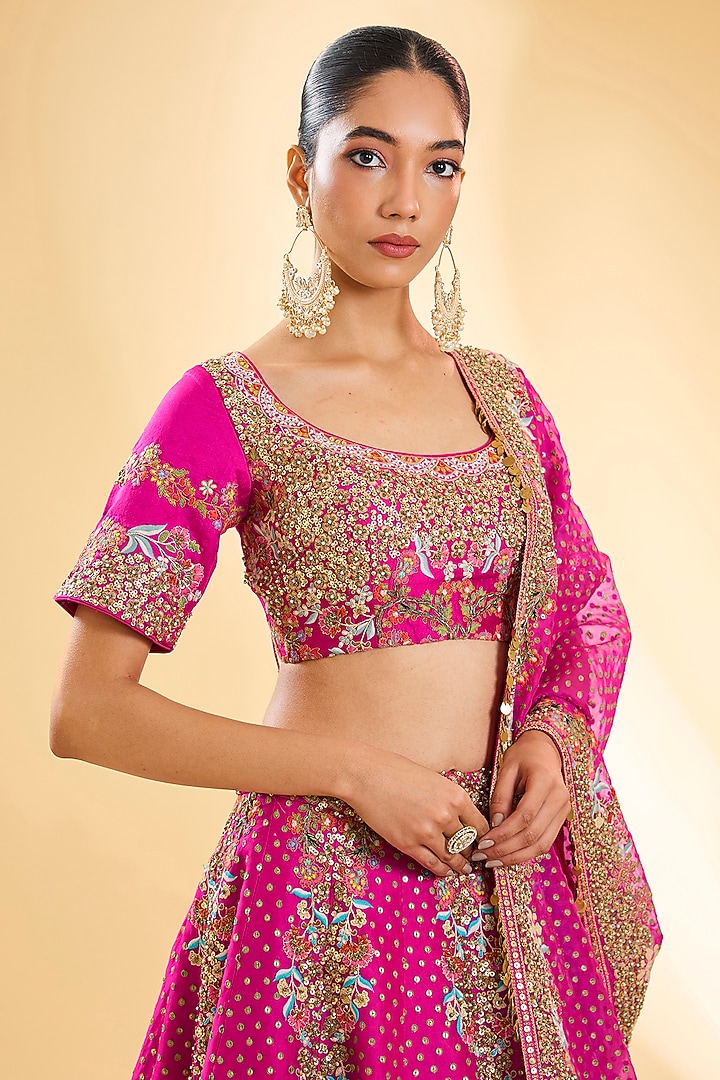 Fuchsia Pink Silk Hand & Machine Embroidered Bridal Lehenga Set by Debyani at Pernia's Pop Up Shop