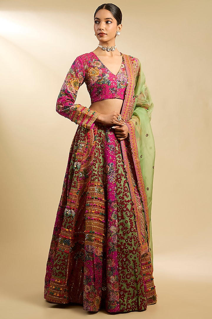 Rani Pink Silk Hand & Machine Embroidered Kalidar Bridal Lehenga Set by Debyani at Pernia's Pop Up Shop