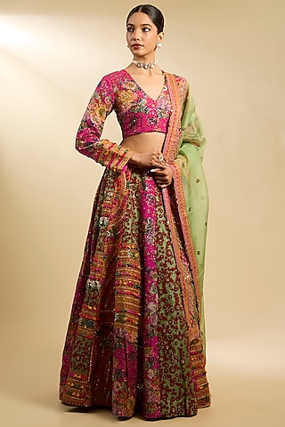 Rani Pink Silk Hand & Machine Embroidered Kalidar Lehenga Set by Debyani