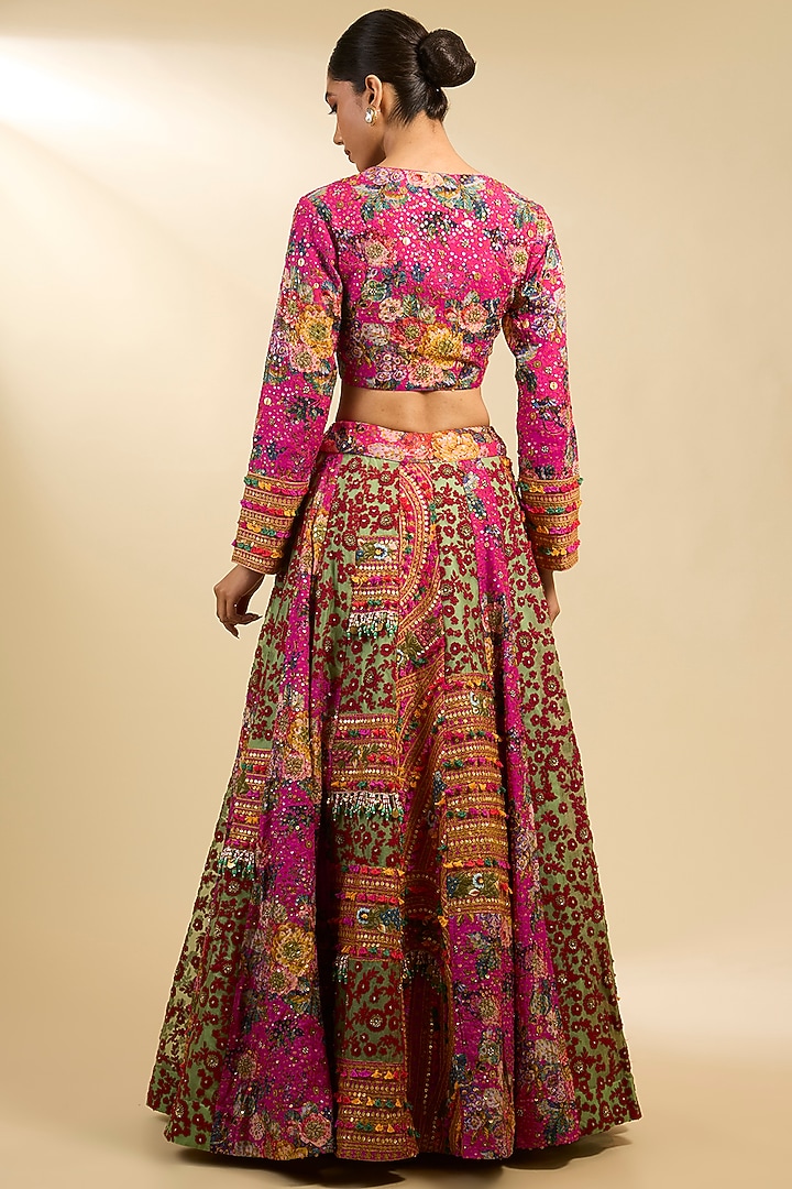Rani Pink Silk Hand & Machine Embroidered Kalidar Bridal Lehenga Set by Debyani at Pernia's Pop Up Shop