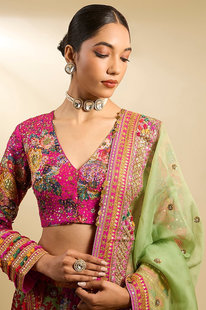 Rani Pink Silk Hand & Machine Embroidered Kalidar Bridal Lehenga Set by Debyani at Pernia's Pop Up Shop